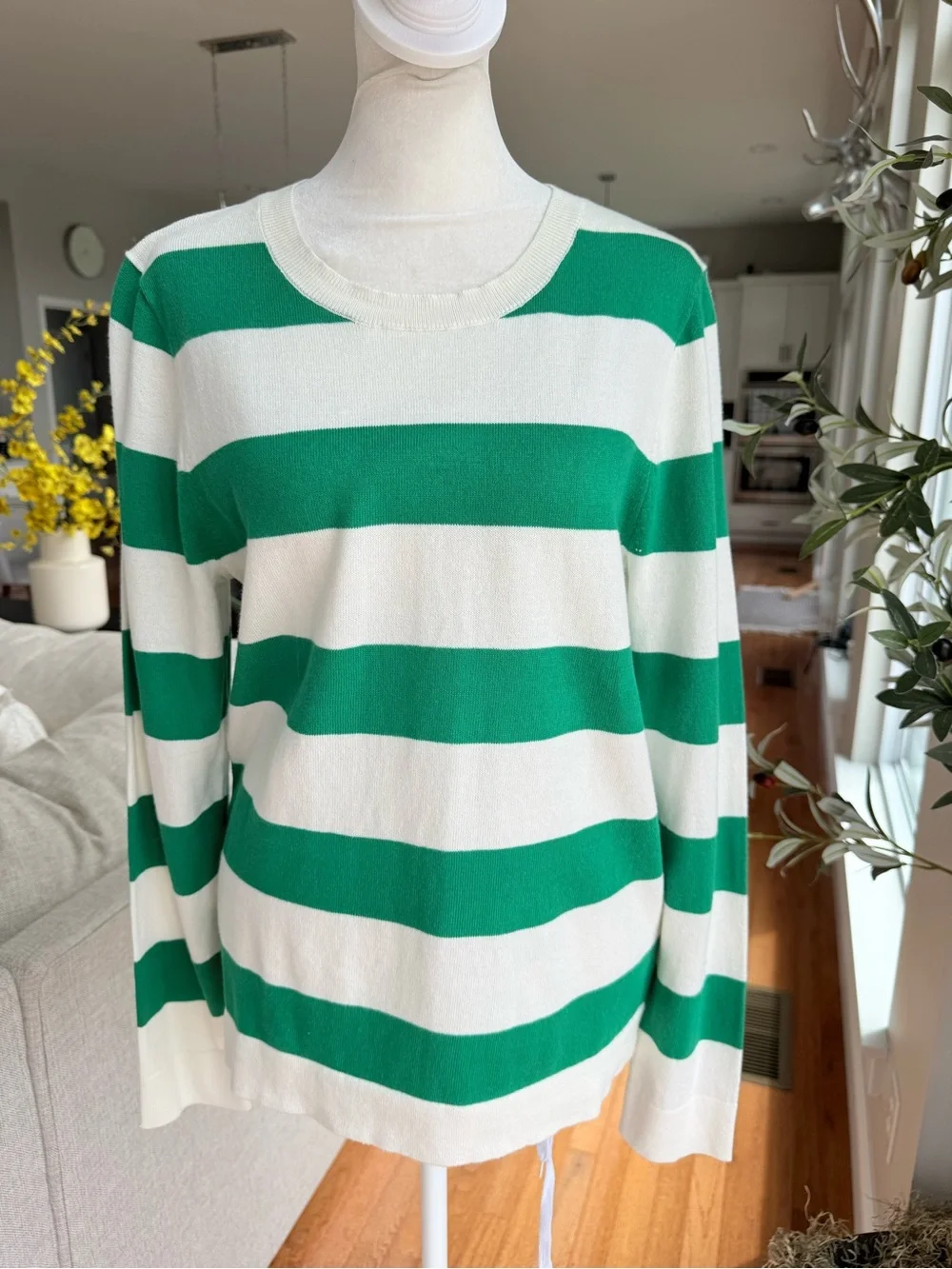 J. Crew Green and White Striped Scoop-Neck Sweater